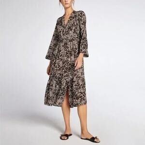 Xirena Leighton Womens Midi Dress Leopard-Print Long Sleeve V-Neck Brown S NEW